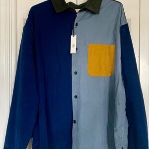 Men's Blue and Gray Corduroy Shirt with Yellow Pocket - New